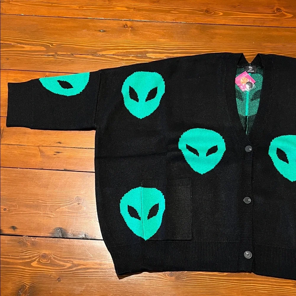 Dressed in LALA Black Cardigan with Neon Green Alien Heads - Picture 5 of 13